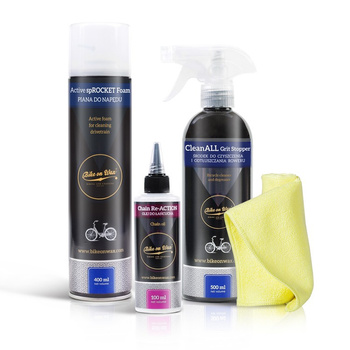 Zestaw do konserwacji roweru - 1 x środek do czyszczenia + 1 x piana na gazie + 1 x olej do łańcucha + mikrofibra